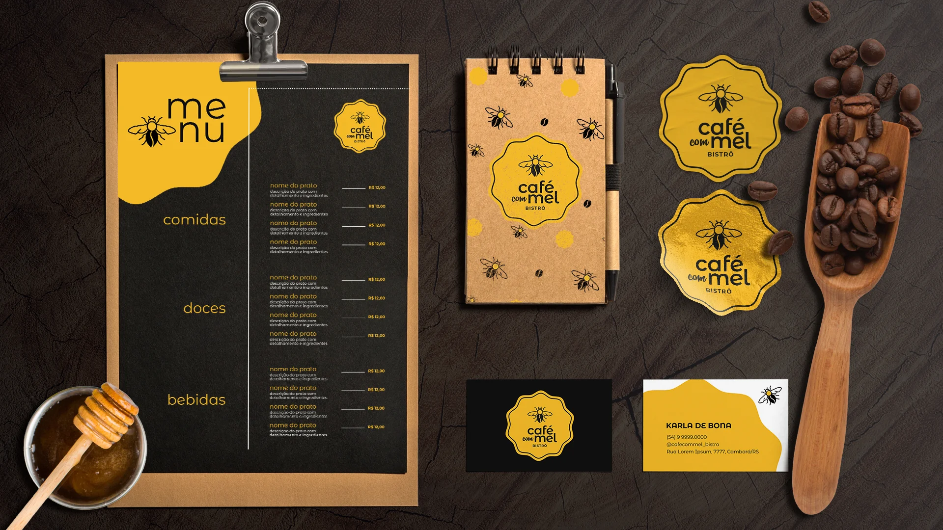 Menu, cartão de visita, adesivos e caderneta da identidade Visual do Café com Mel Bistrô
